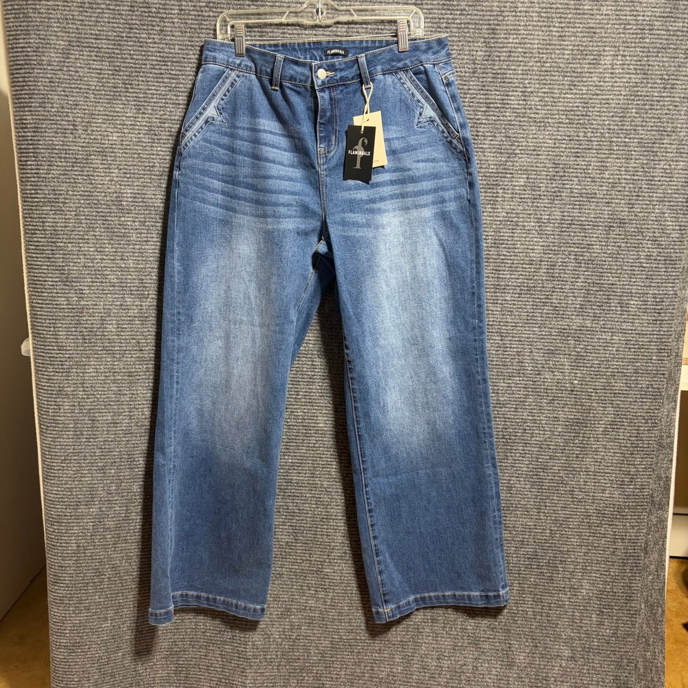 NWT Flamingals Womens 2XL Wide Leg Jeans Blue Star Pocket Medium Wash 258419 HB